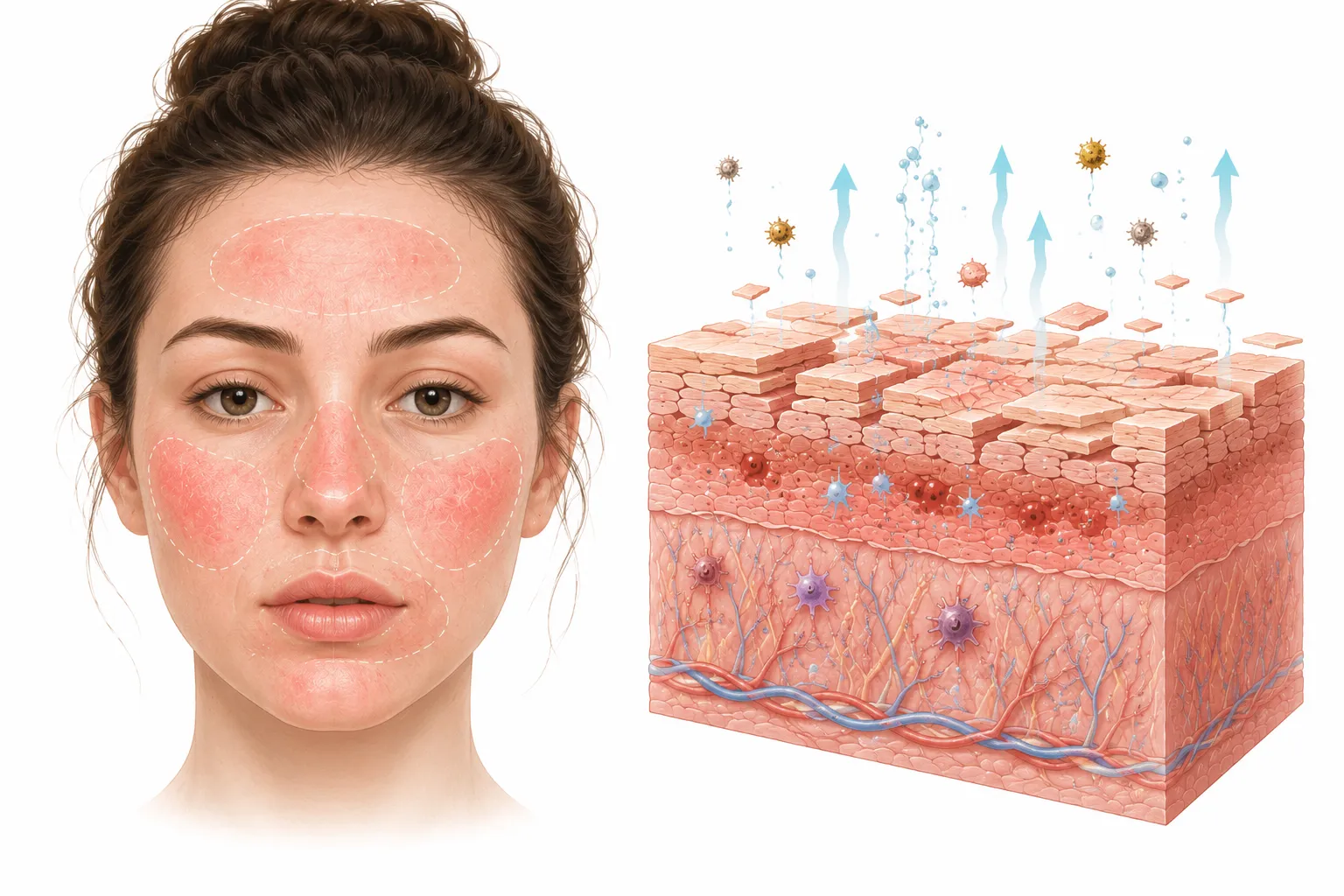 Diagram showing healthy versus damaged skin barrier with visible cracks and water loss