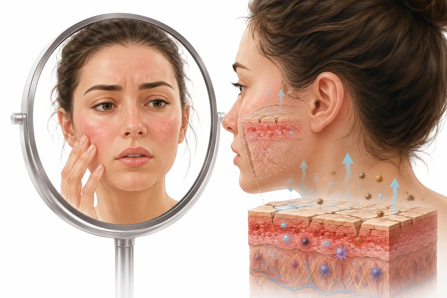 Damaged skin barrier showing redness, dryness, and irritation