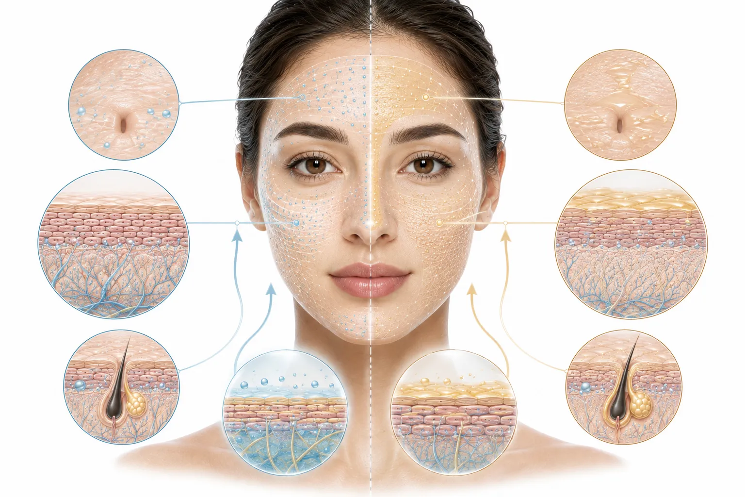 Diagram comparing normal skin (even sebum distribution) and combination skin (T-zone oiliness, dry cheeks)