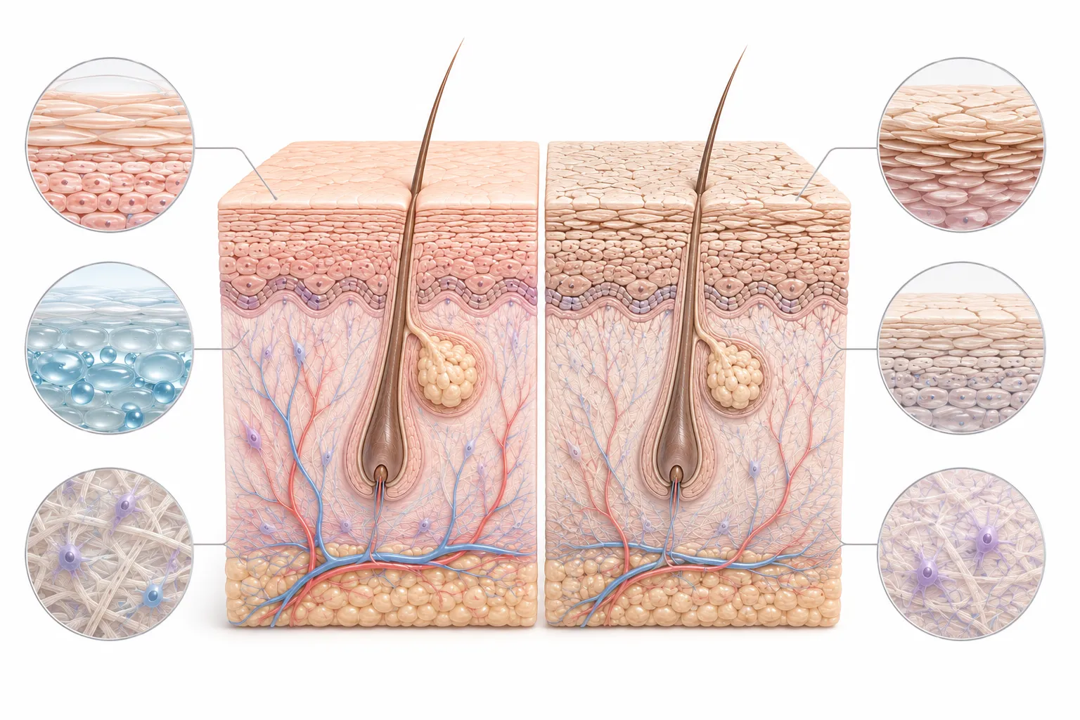 Diagram comparing normal skin (balanced moisture) and dry skin (lack of oil and moisture)