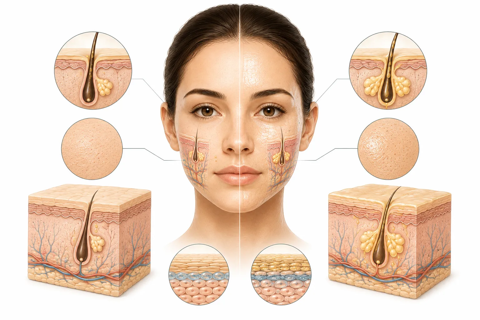 Diagram comparing normal skin (balanced oil) and oily skin (excess sebum, enlarged pores)