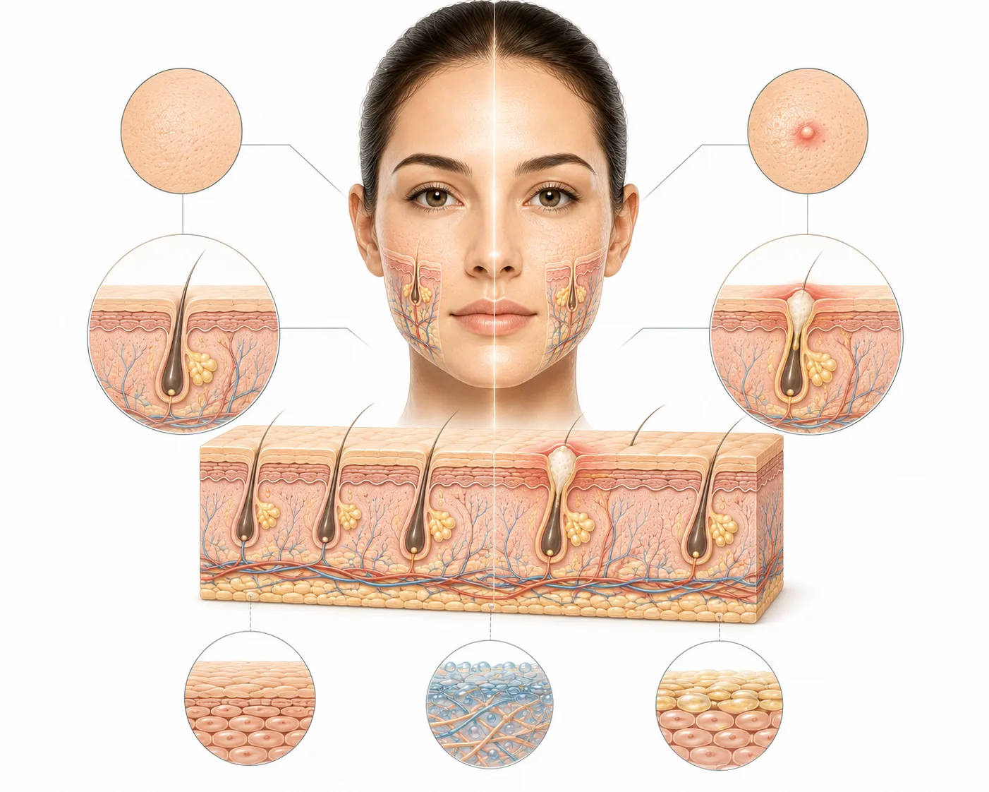 Diagram showing how normal skin can still develop acne through various triggers