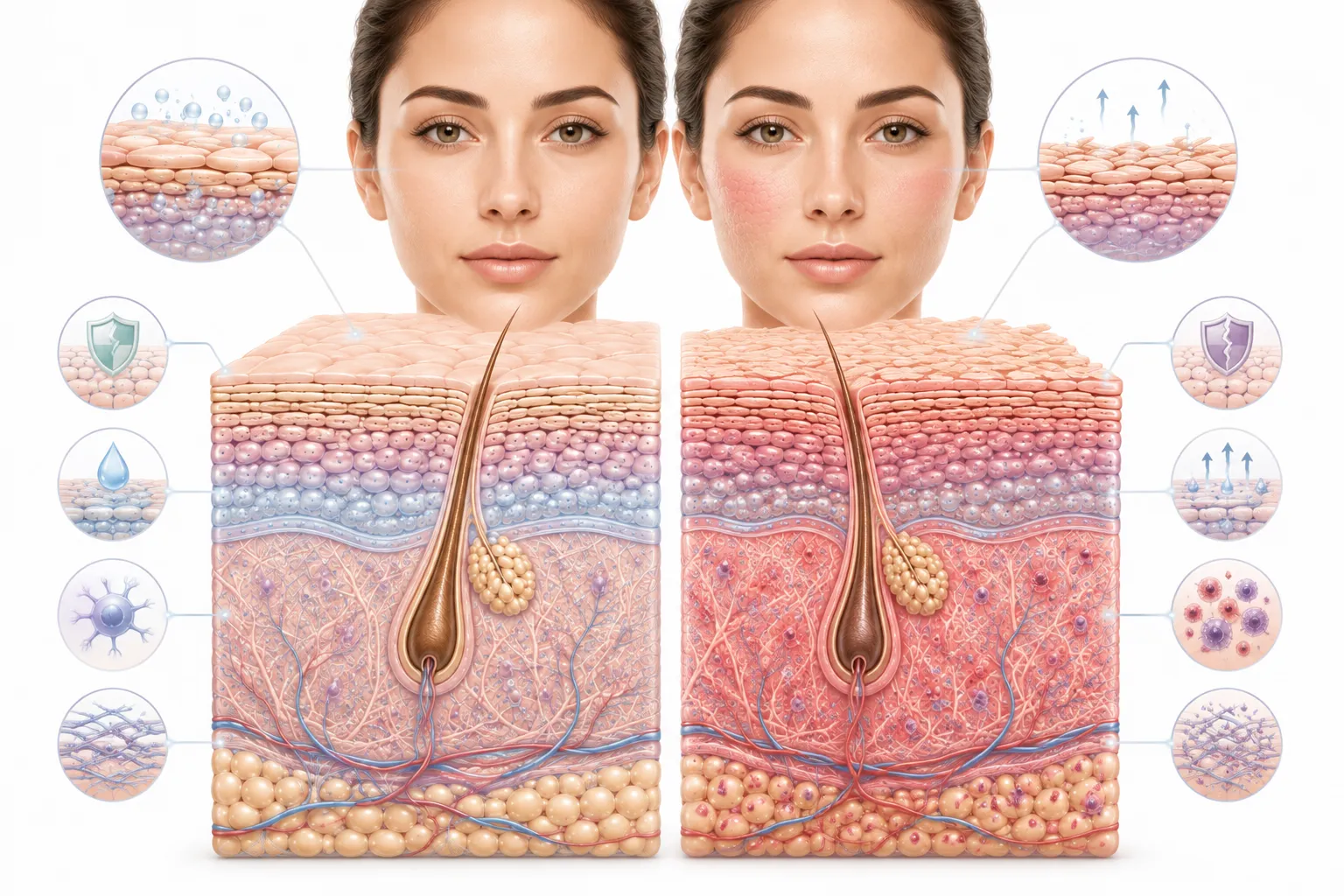 Diagram comparing normal skin (intact barrier) and sensitive skin (compromised barrier, nerve sensitivity)