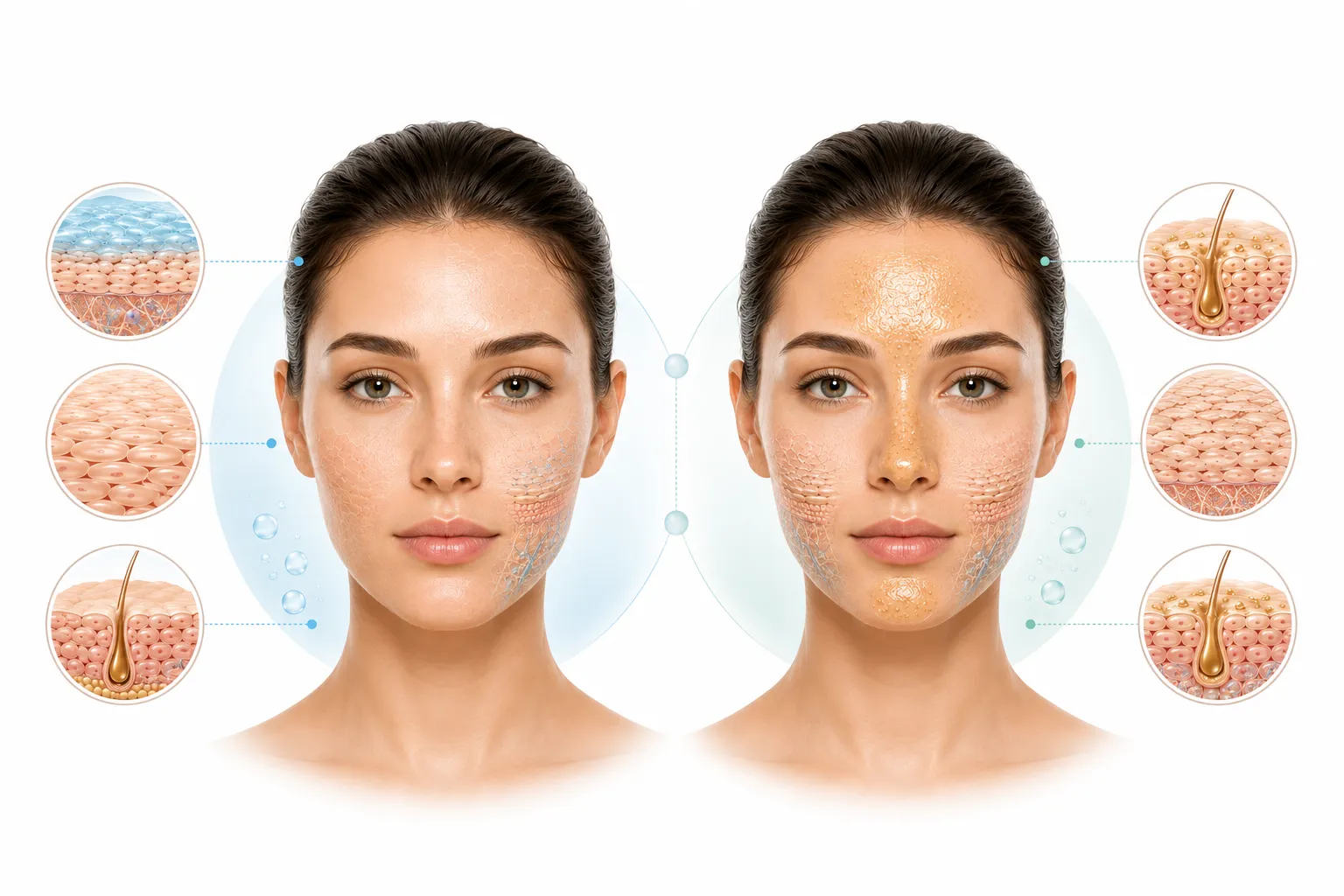 Diagram comparing normal skin and combination skin showing sebum distribution differences