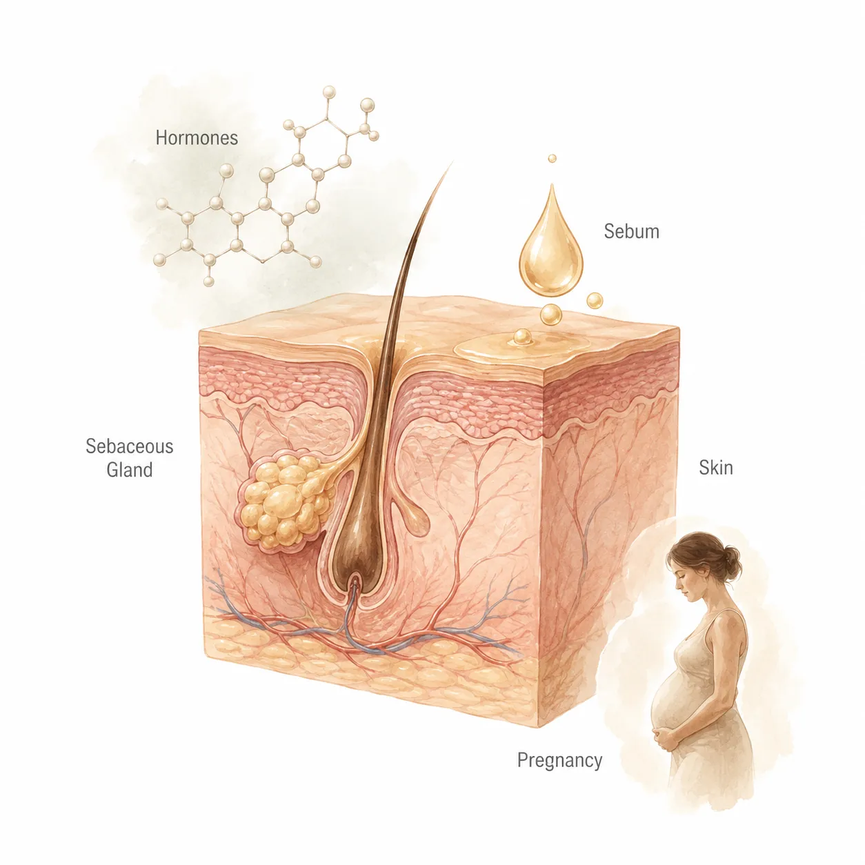 Diagram showing hormonal changes in pregnancy and their effect on sebum production