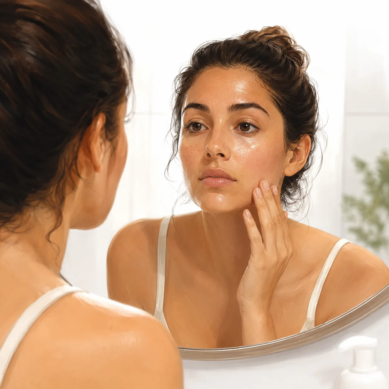 Oily skin with a pregnant silhouette, showing hormonal changes