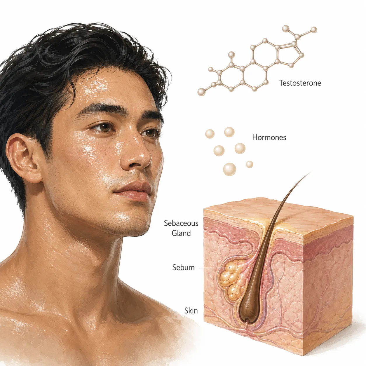 Diagram showing how testosterone influences sebaceous glands and oil production