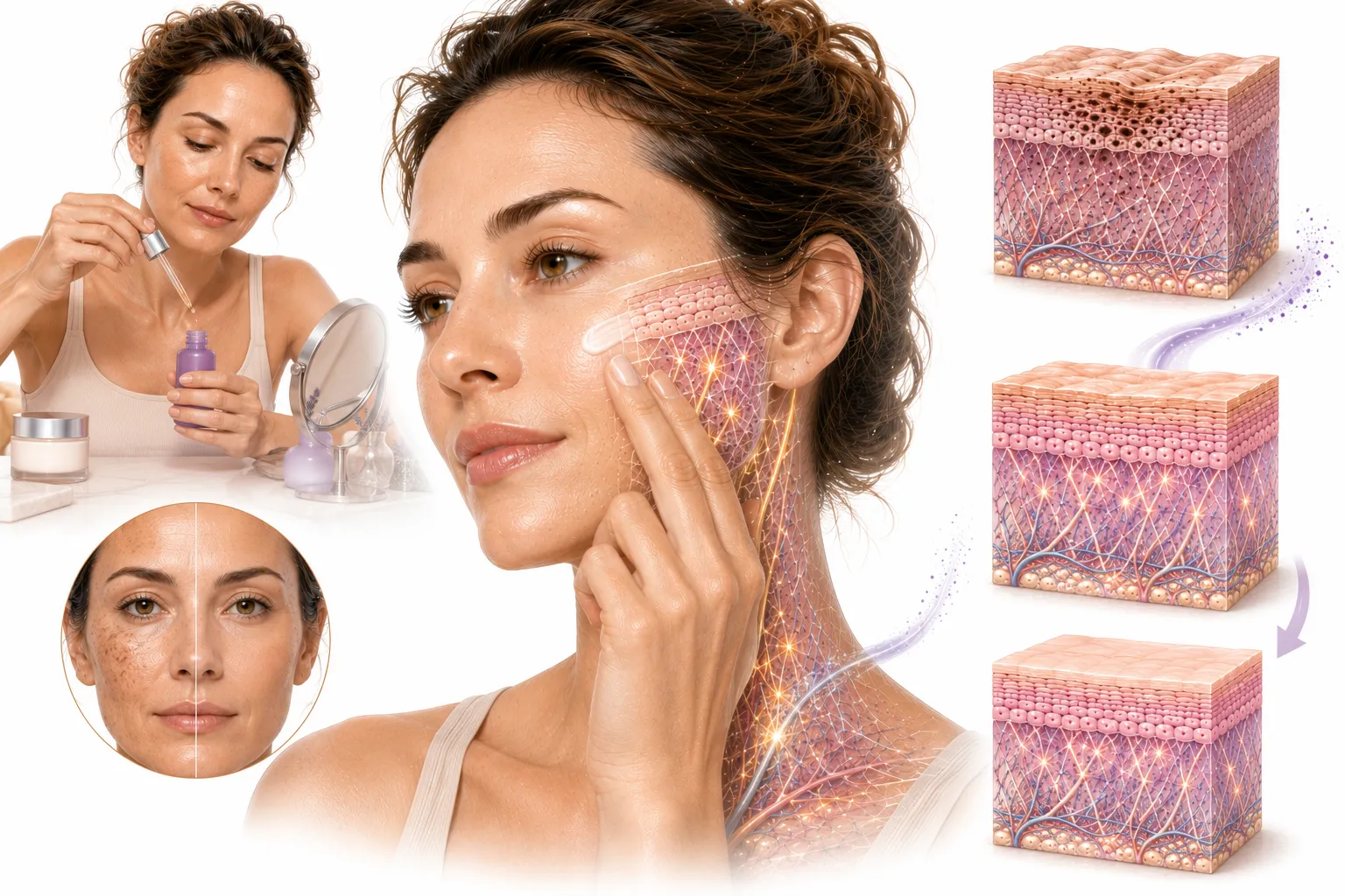 Retinol serum bottle beside skin showing fine lines and sun damage