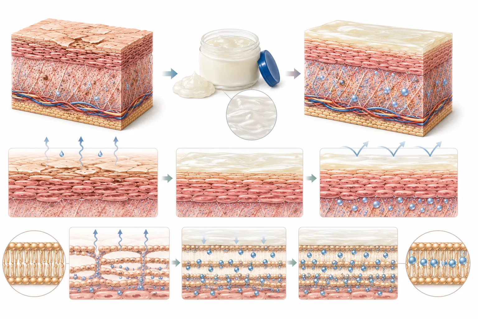 Diagram of petroleum jelly forming an occlusive layer over the skin barrier