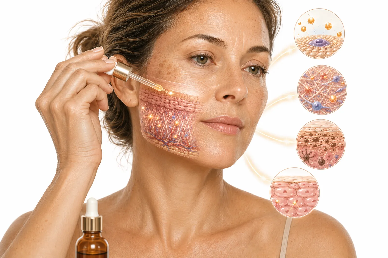 Diagram of vitamin C acting on pigment-producing cells and free radicals in skin