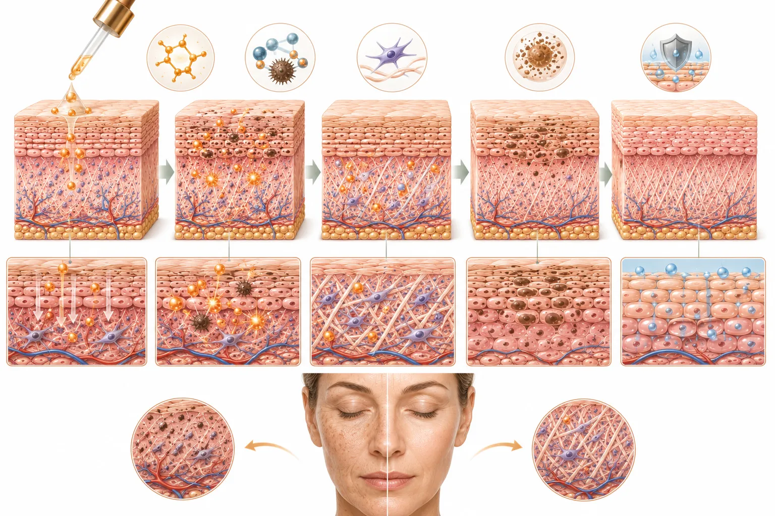 Vitamin C serum dropper above skin with visible sun spots