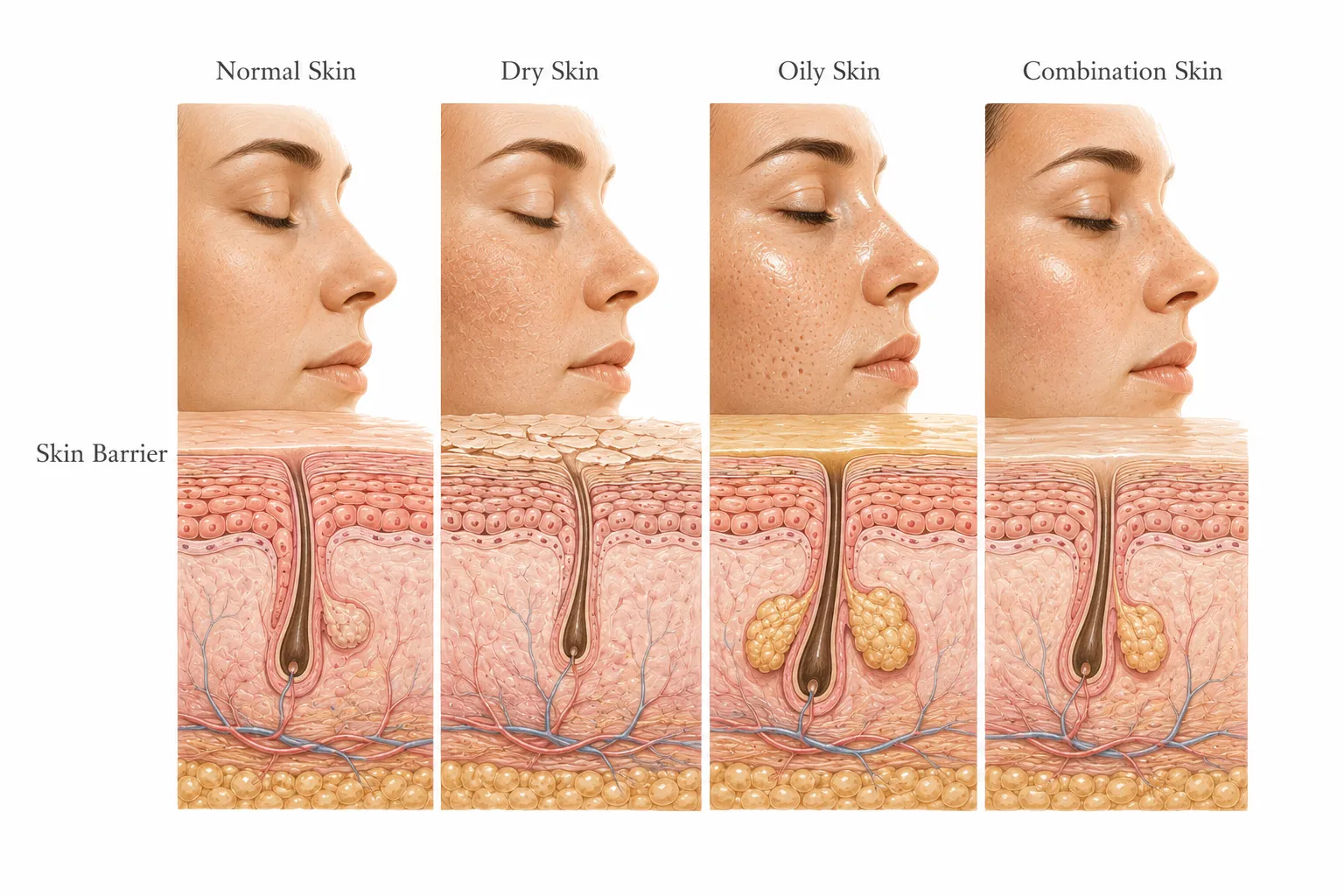 Cross-section diagram of skin showing sebaceous gland activity across skin types