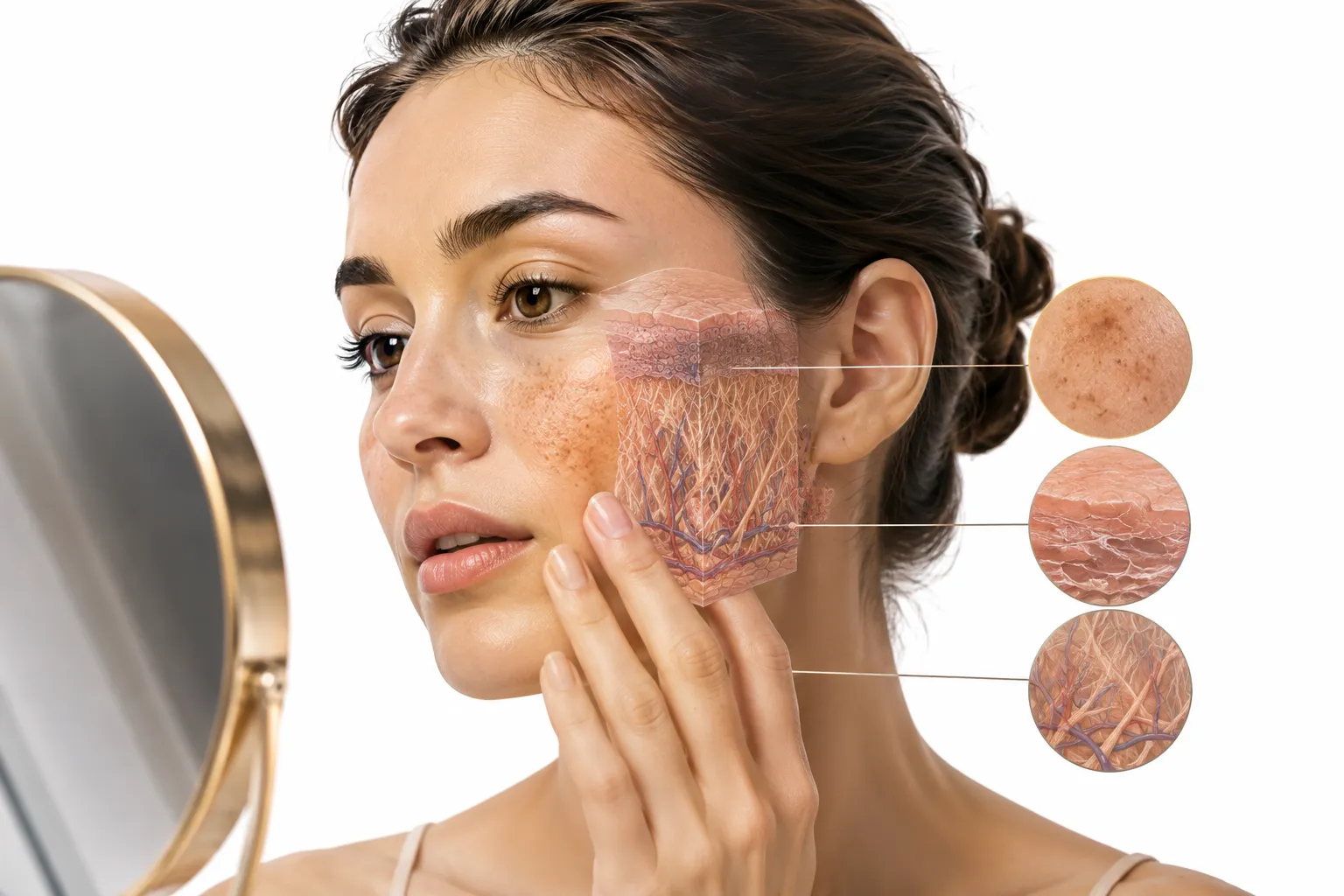 Close-up showing fine lines and early pigmentation changes on skin