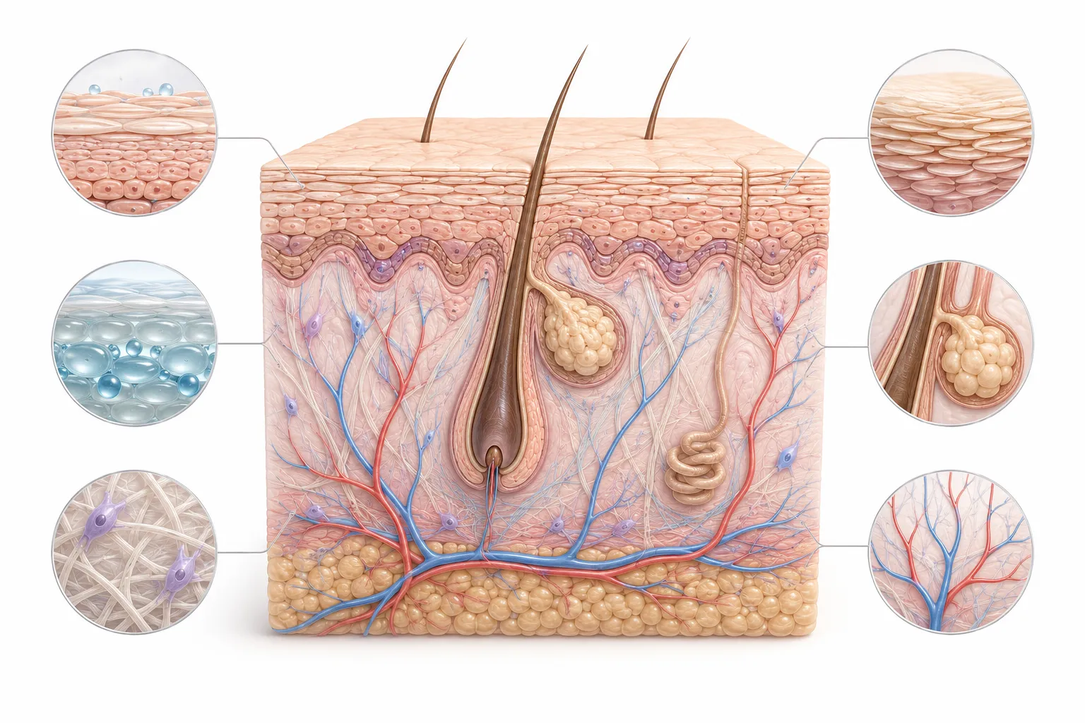 Diagram of the five key features of normal skin