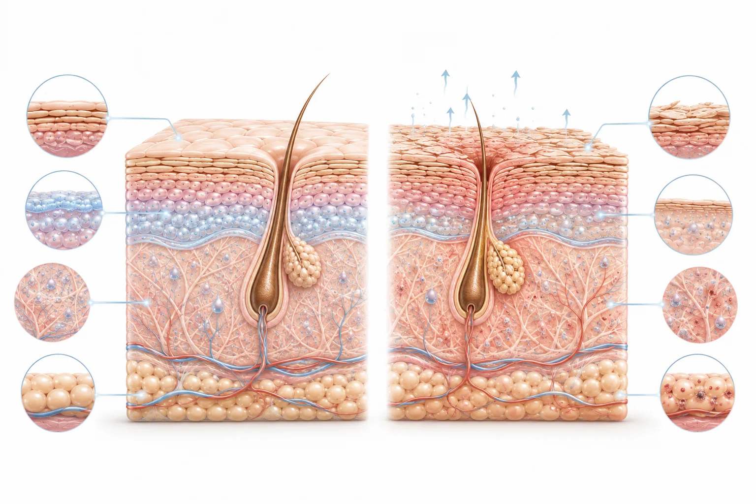 Diagram comparing healthy and unhealthy skin indicators side by side