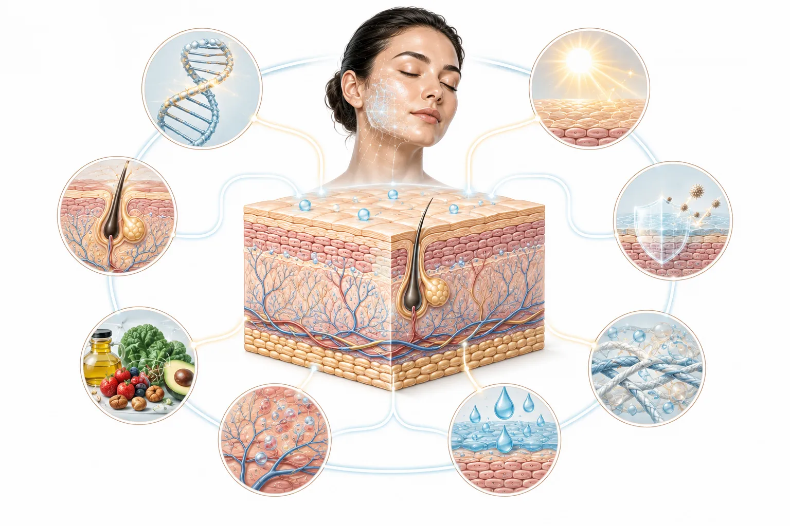 Diagram showing the factors that contribute to normal skin: genetics, barrier function, balanced sebum production, and hydration.