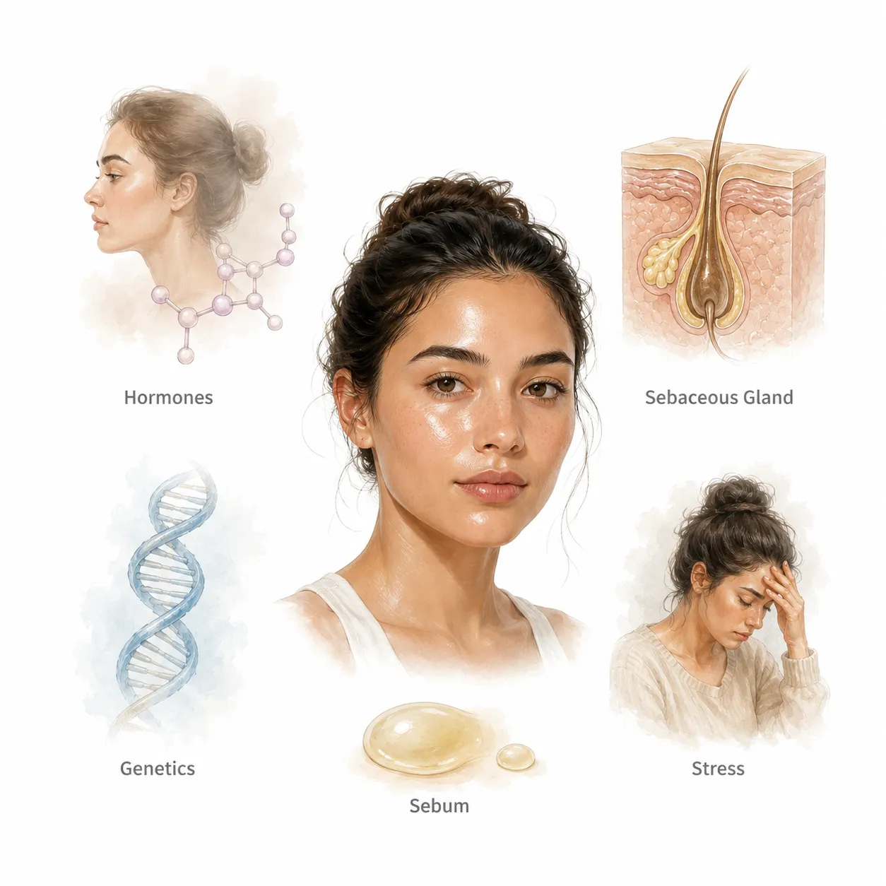 Diagram of hormone pathways affecting sebaceous glands in female skin