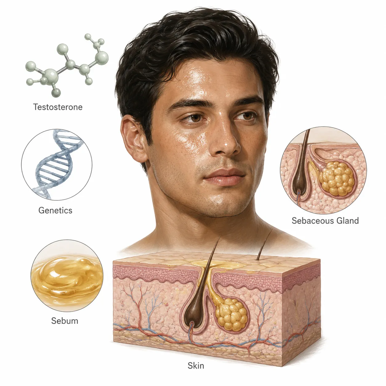 Diagram showing sebaceous gland activity and testosterone levels in male skin