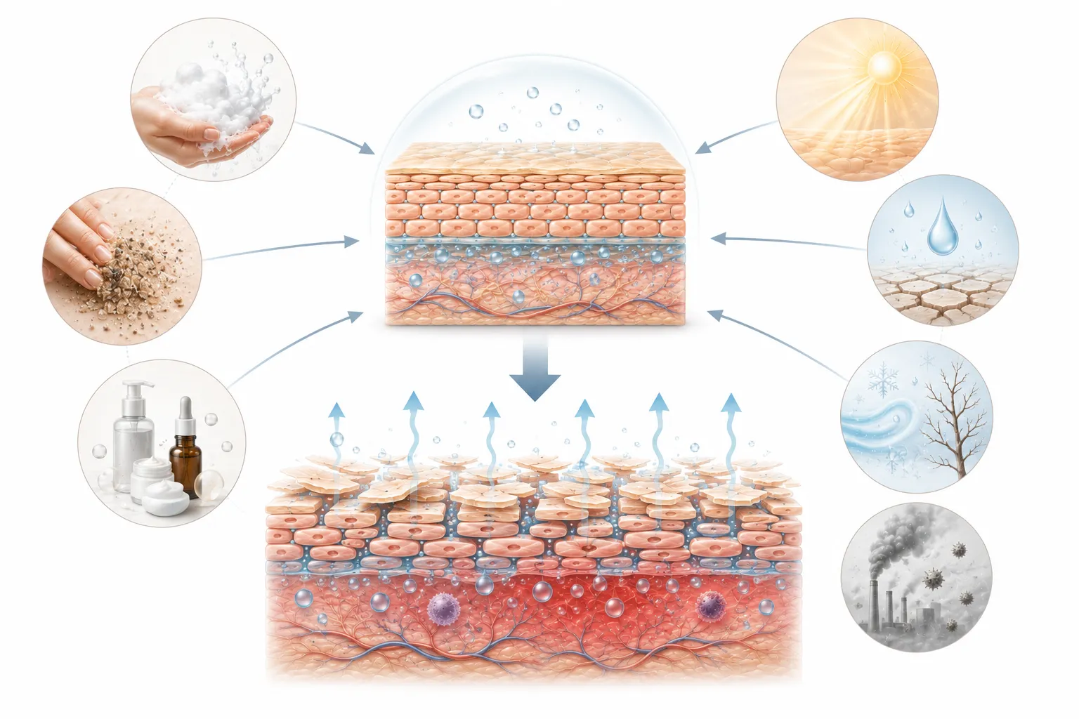 Diagram comparing healthy and damaged skin barrier structures