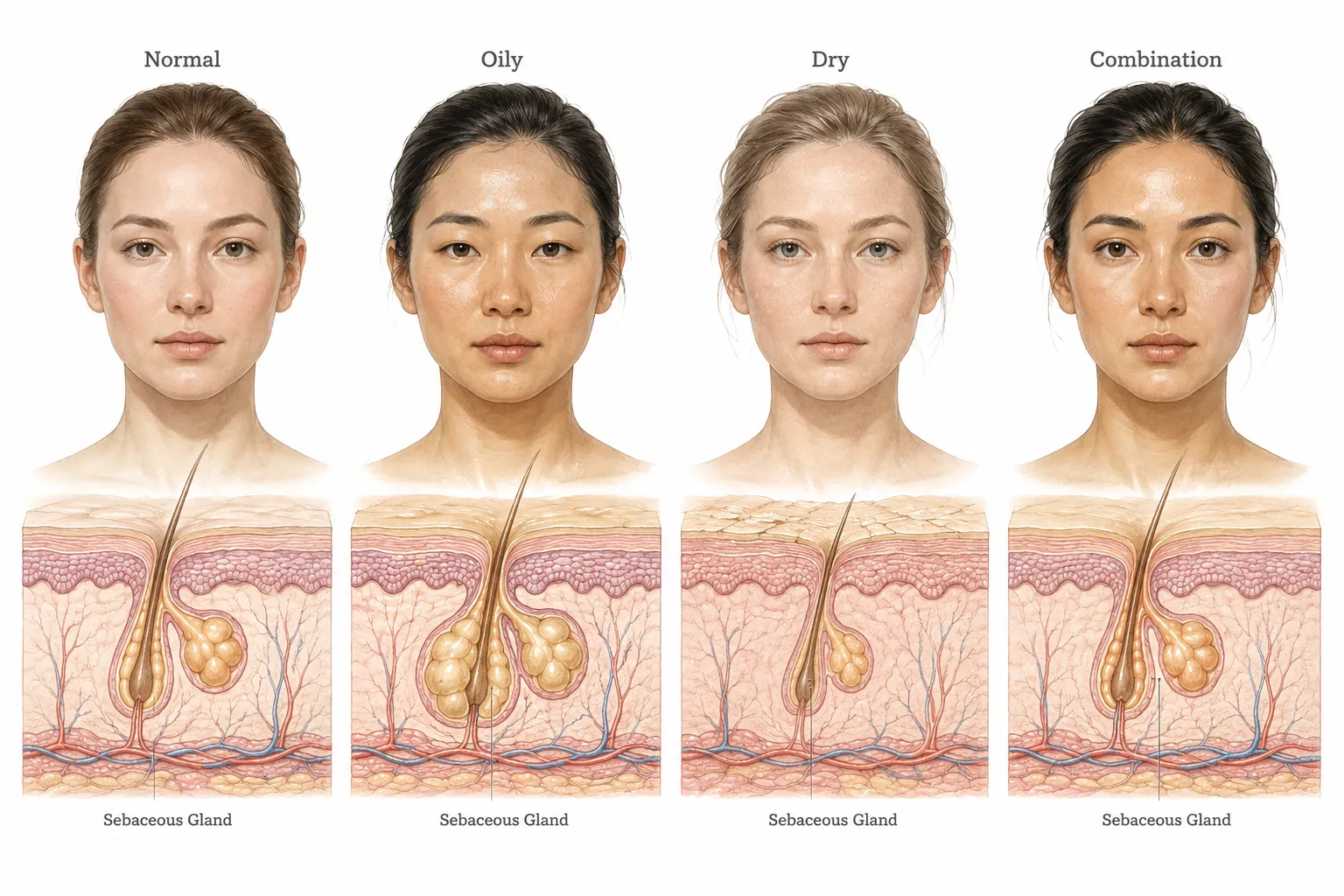 Comparison diagram of the four main skin types with visual characteristics
