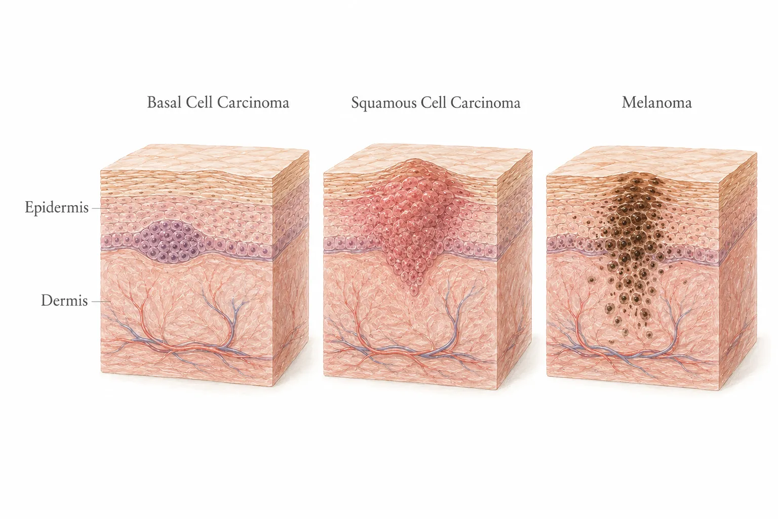 Medical illustration comparing three skin cancer types: melanoma, BCC, and SCC