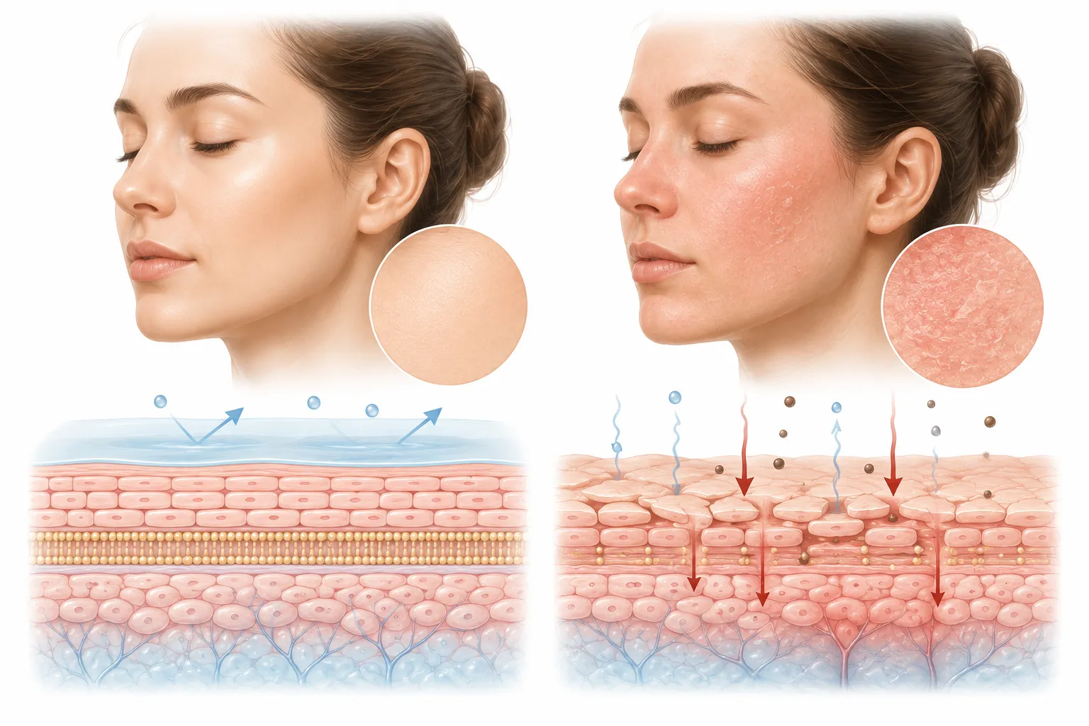Diagram of the visual texture and tone differences in damaged skin
