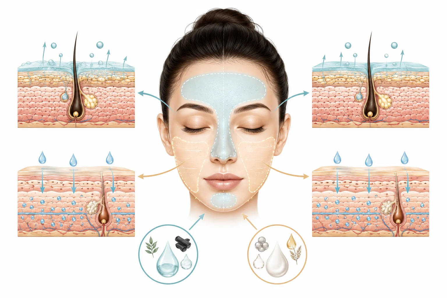 Diagram showing zone-specific skincare application for combination skin