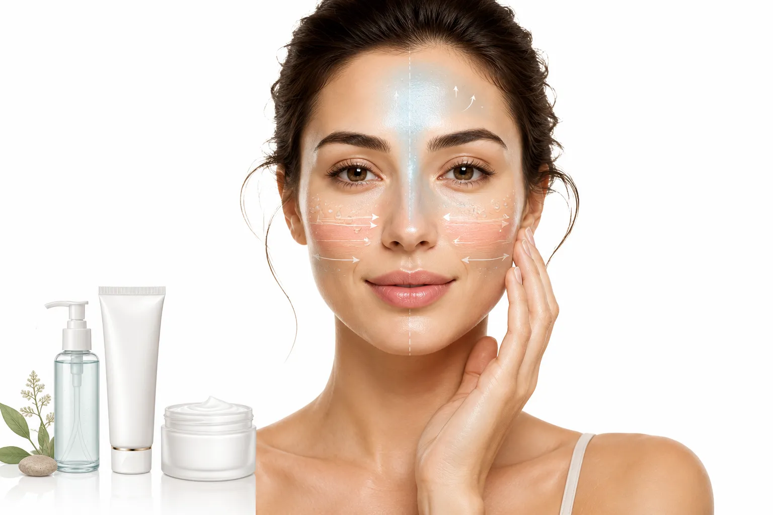 Skincare products suitable for combination skin arranged on a counter