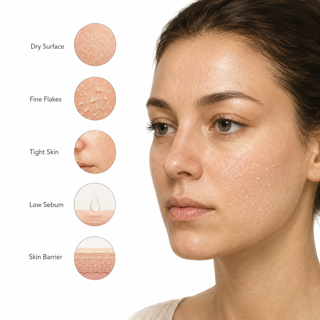 Diagram comparing a healthy skin barrier to a dry, gap-riddled one