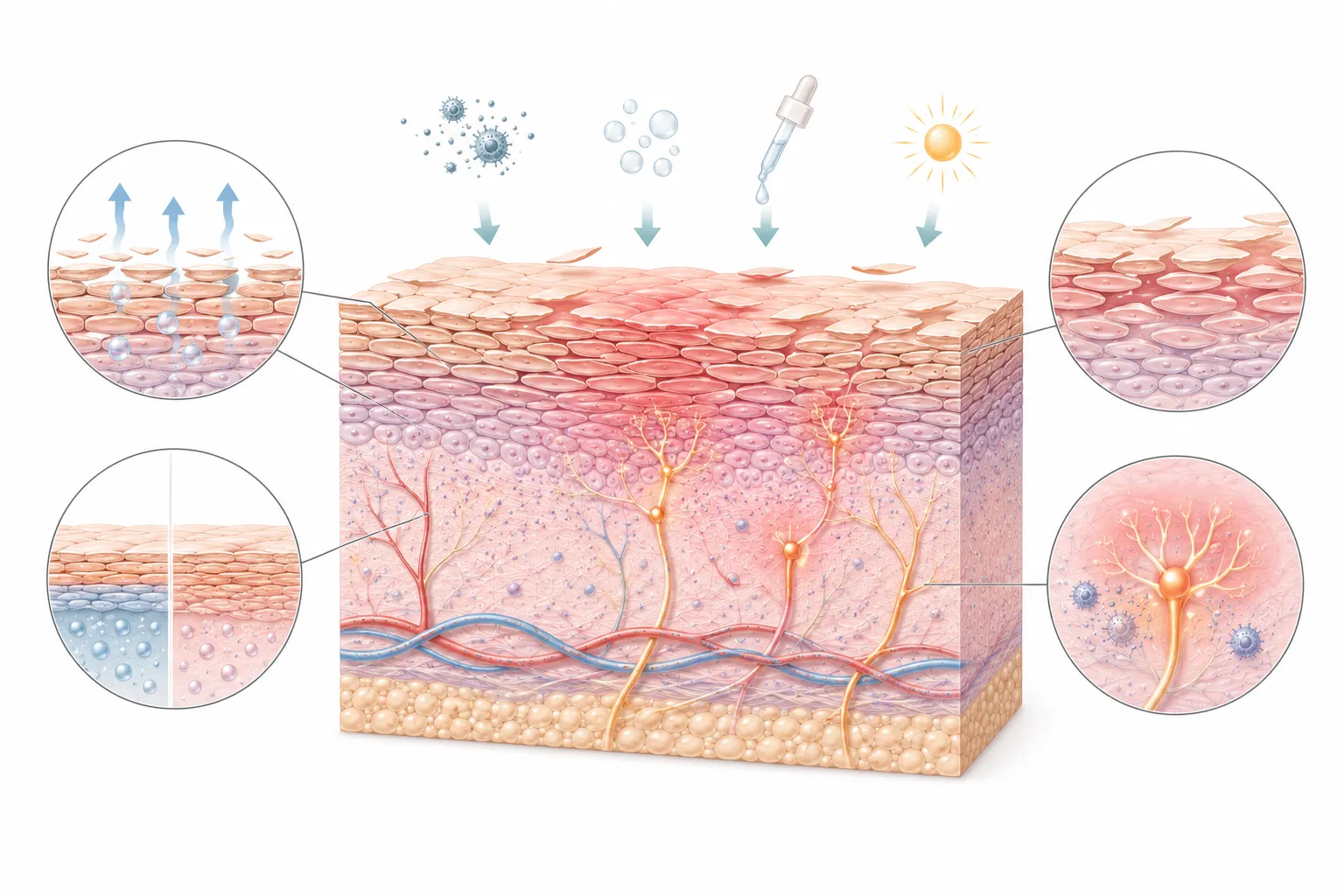 Diagram of nerve endings reacting through a compromised skin barrier