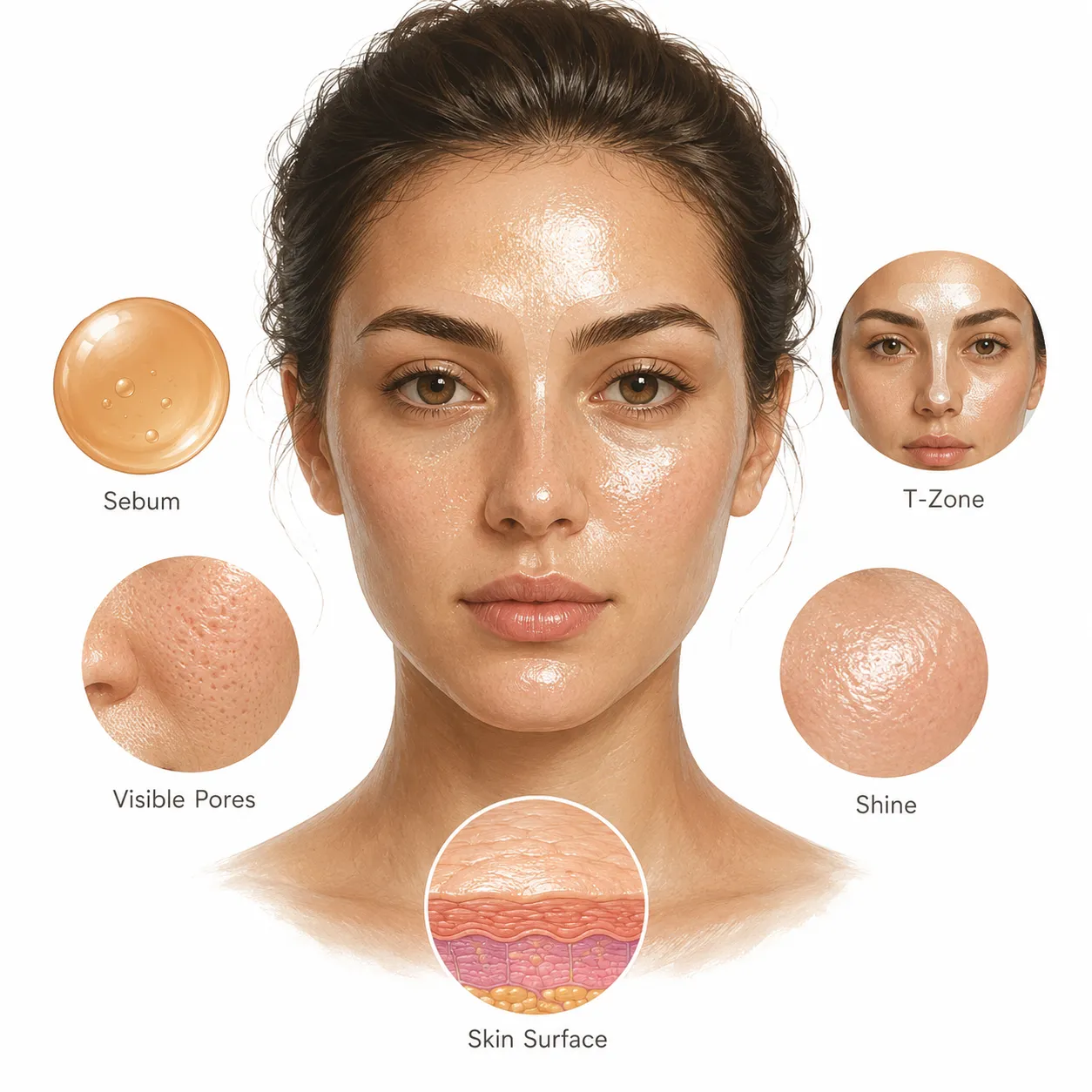Diagram showing an overactive sebaceous gland producing excess oil