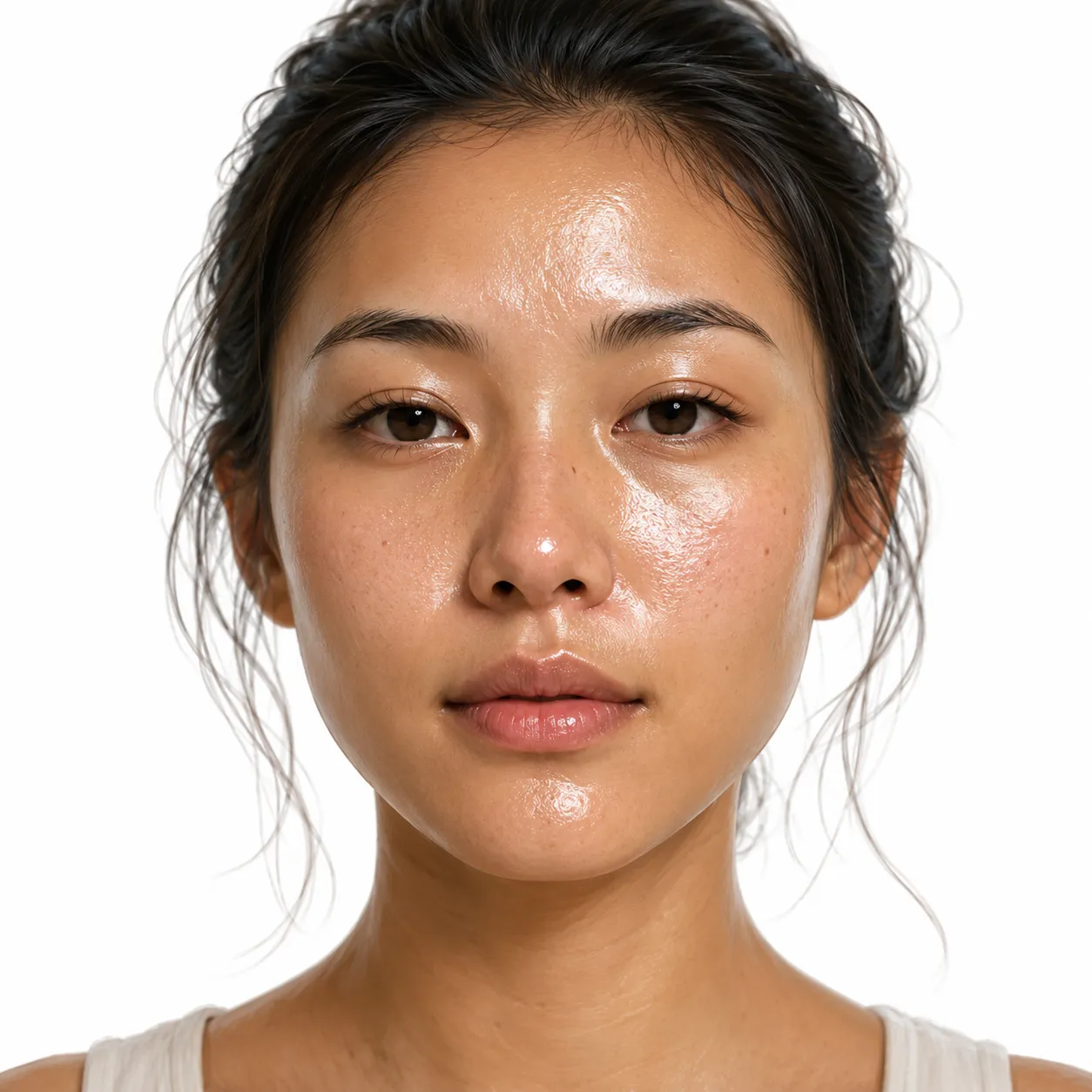 Close-up of shiny, oily skin with visible pores on the T-zone