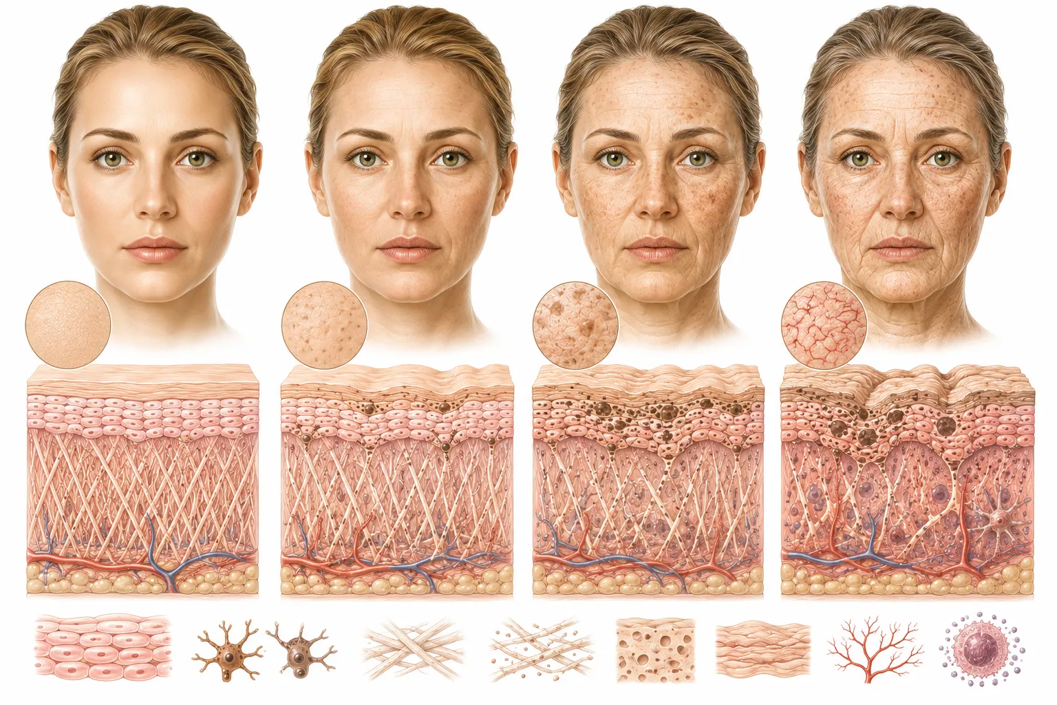 Diagram comparing healthy skin with sun-damaged skin side by side