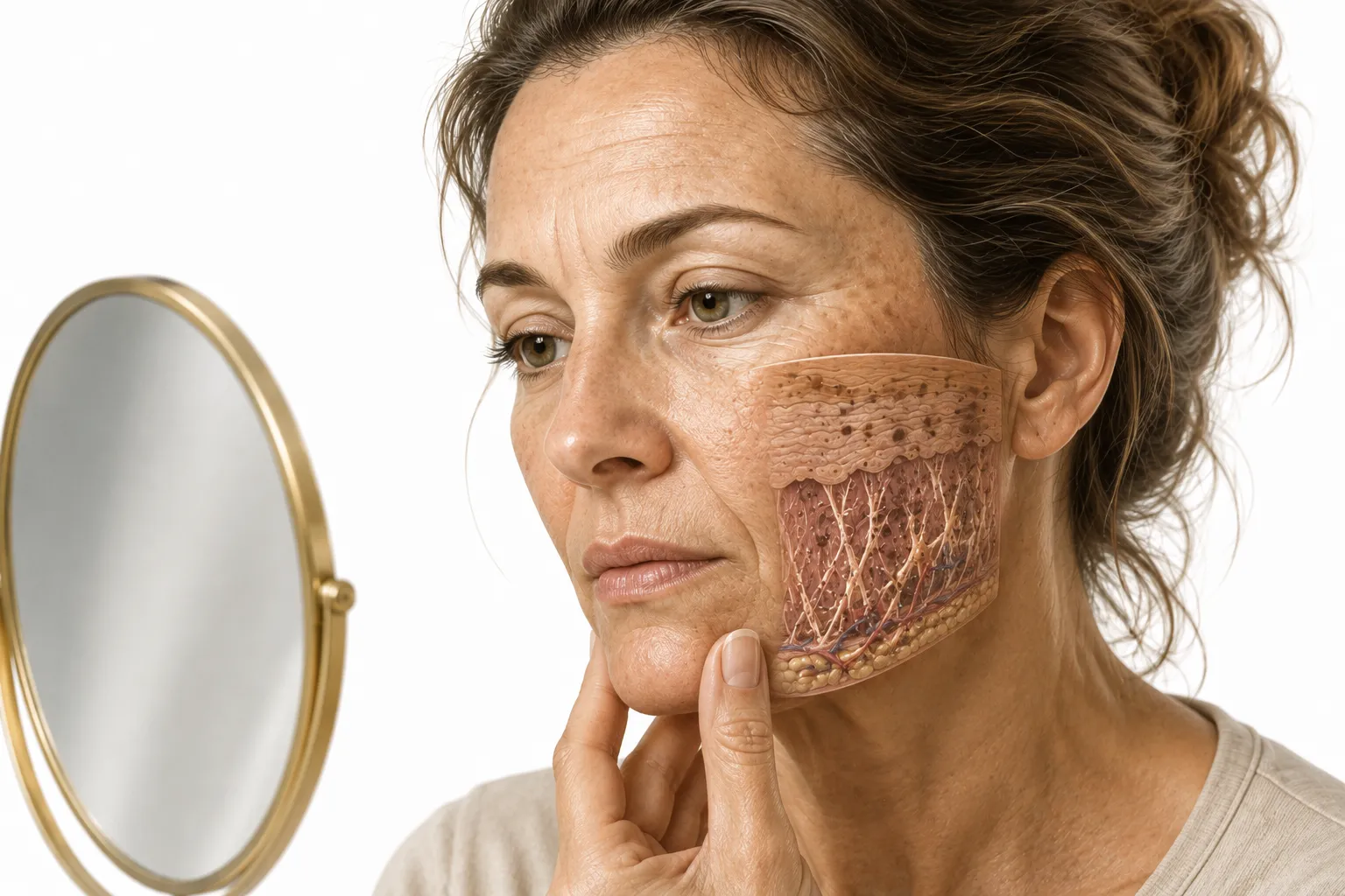 Close-up of sun-damaged skin showing wrinkles, age spots, and broken capillaries
