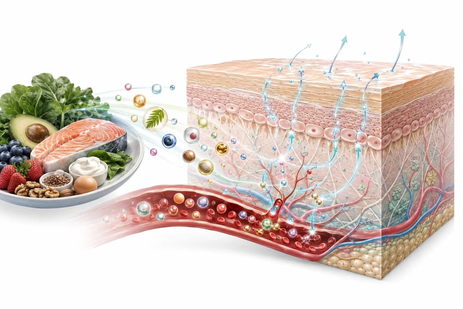 Diagram showing the skin barrier and the nutrients that support it: omega-3s, vitamin C, zinc, and antioxidants from food
