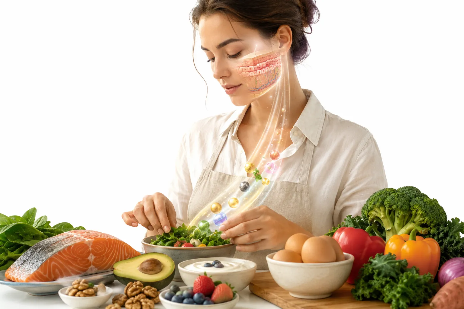 Nutrient-rich foods that support skin barrier repair: salmon, nuts, leafy greens, citrus fruits, and bone broth