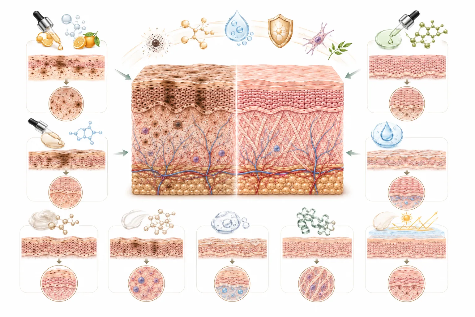 Cross-section of skin showing where different repair ingredients act