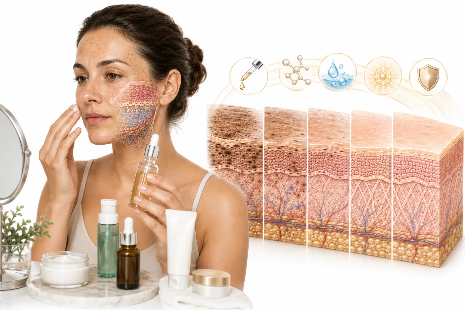 Skincare bottles of vitamin C, retinol, and niacinamide beside sun-damaged skin texture