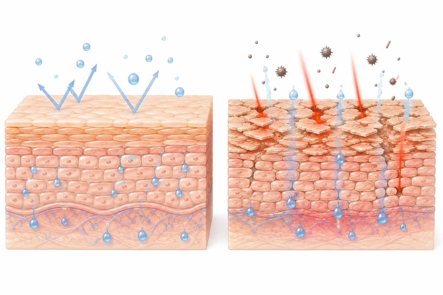 Diagram comparing an intact skin barrier to a damaged one with gaps