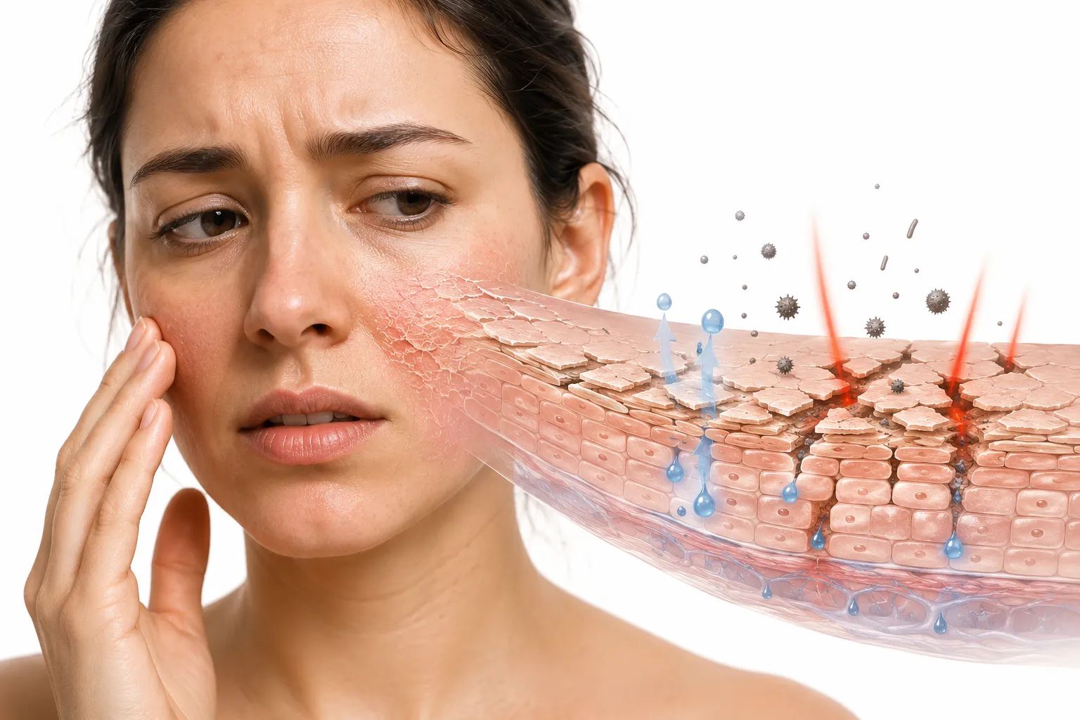 Close-up of red, irritated skin with a compromised barrier