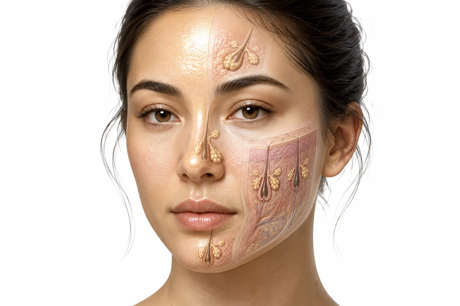 Face diagram showing an oily T-zone and drier cheeks