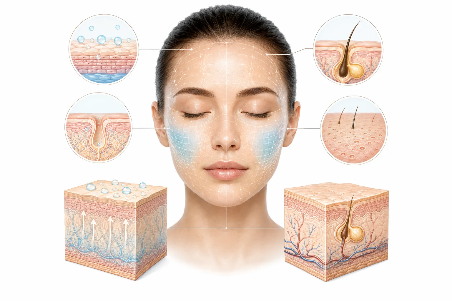 Diagram showing balanced sebaceous glands and healthy barrier function in normal skin type