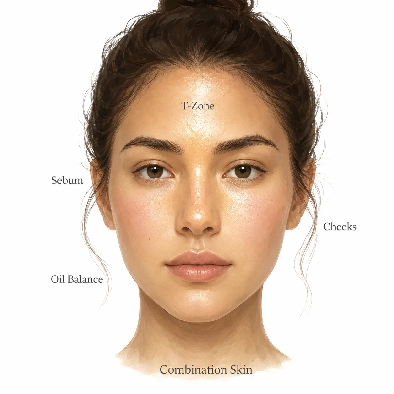 Diagram showing oily T-zone and dry cheeks in combination skin