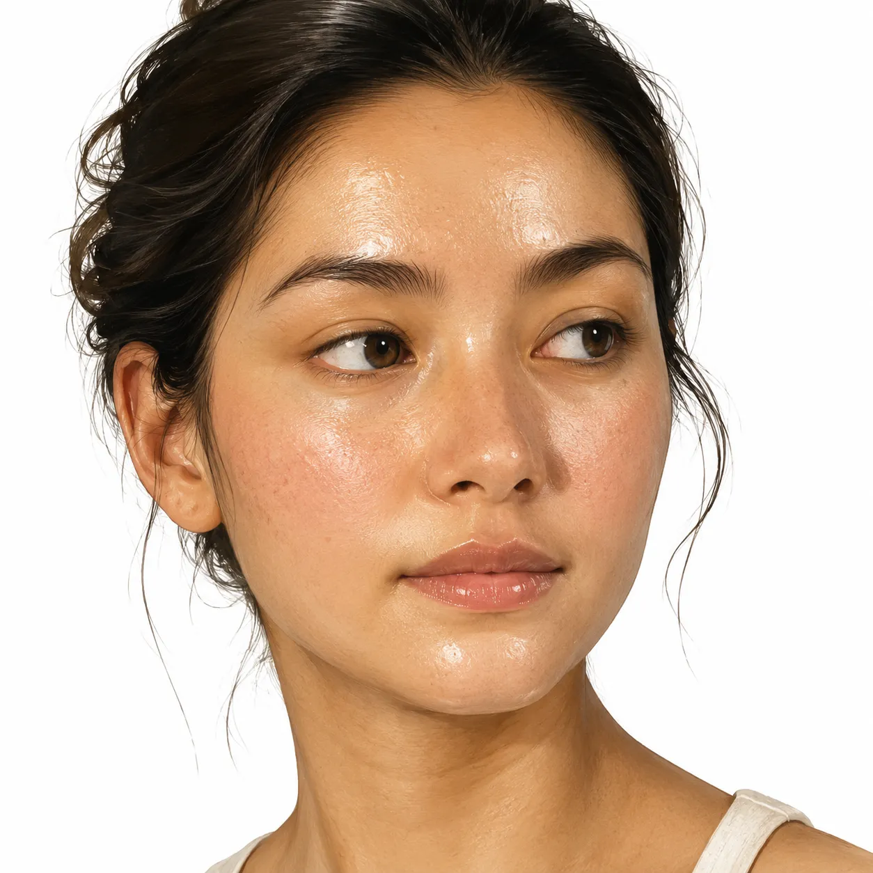 Face with visible oil on T-zone and balanced skin on cheeks