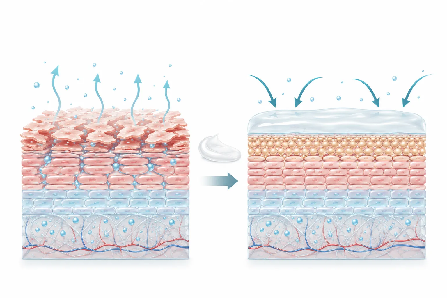 Diagram showing barrier cream filling gaps in the skin's protective layer