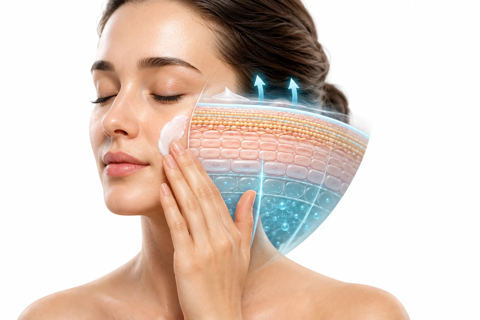 A jar of skin barrier cream beside healthy, hydrated skin