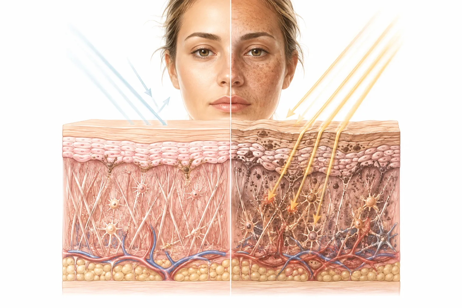 Diagram showing UV rays penetrating the epidermis and damaging collagen in the dermis