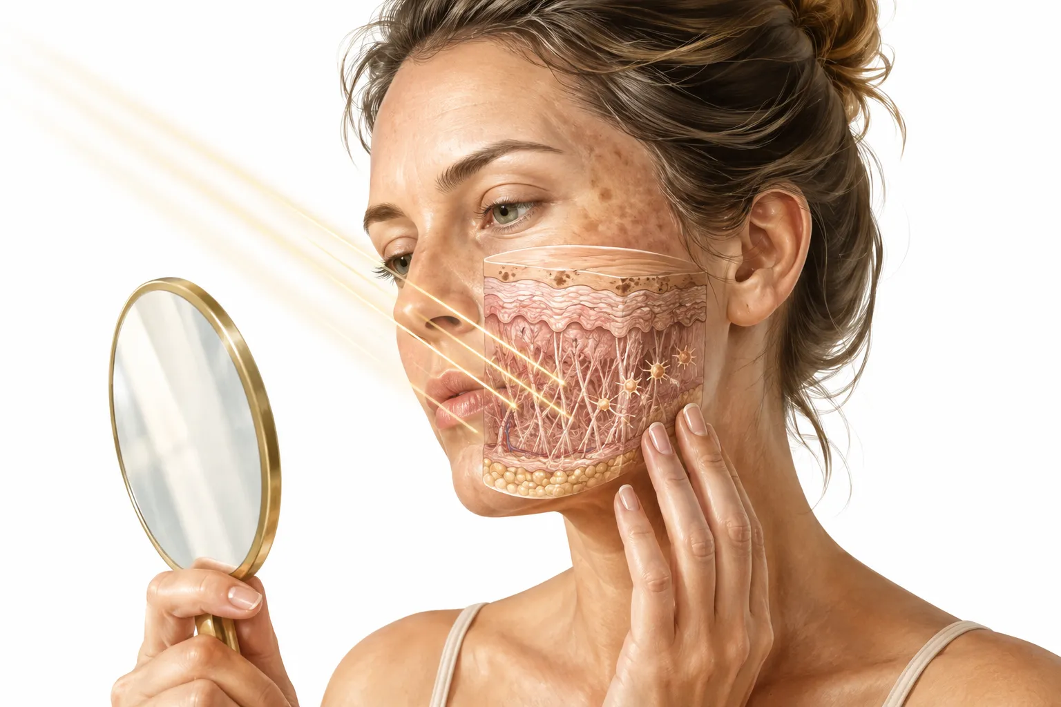 Close-up comparison of sun-damaged skin versus healthy skin