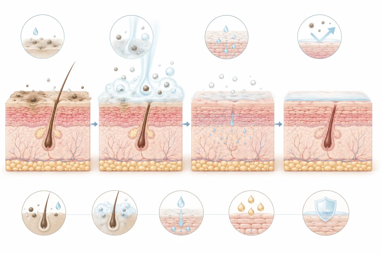 Diagram showing how gentle body washes interact with the skin barrier versus harsh cleansers