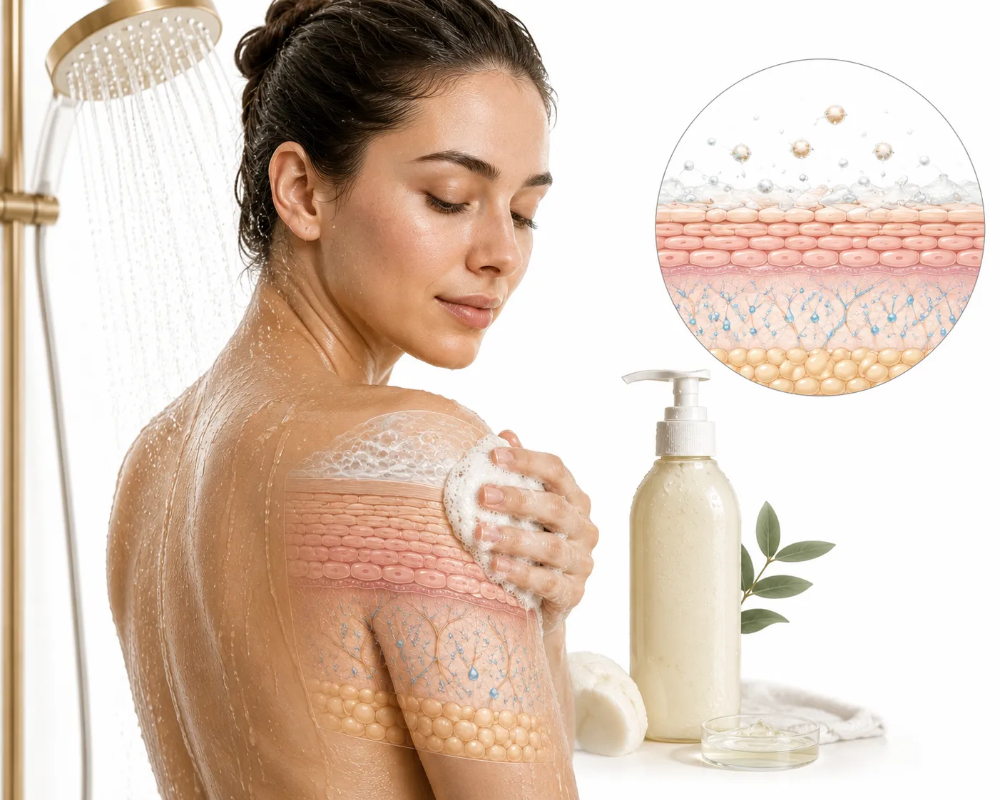 Bottle of gentle, fragrance-free body wash beside sensitive skin on the arm